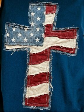 Distressed American Flag Patch Transfer Cross T-Shirt